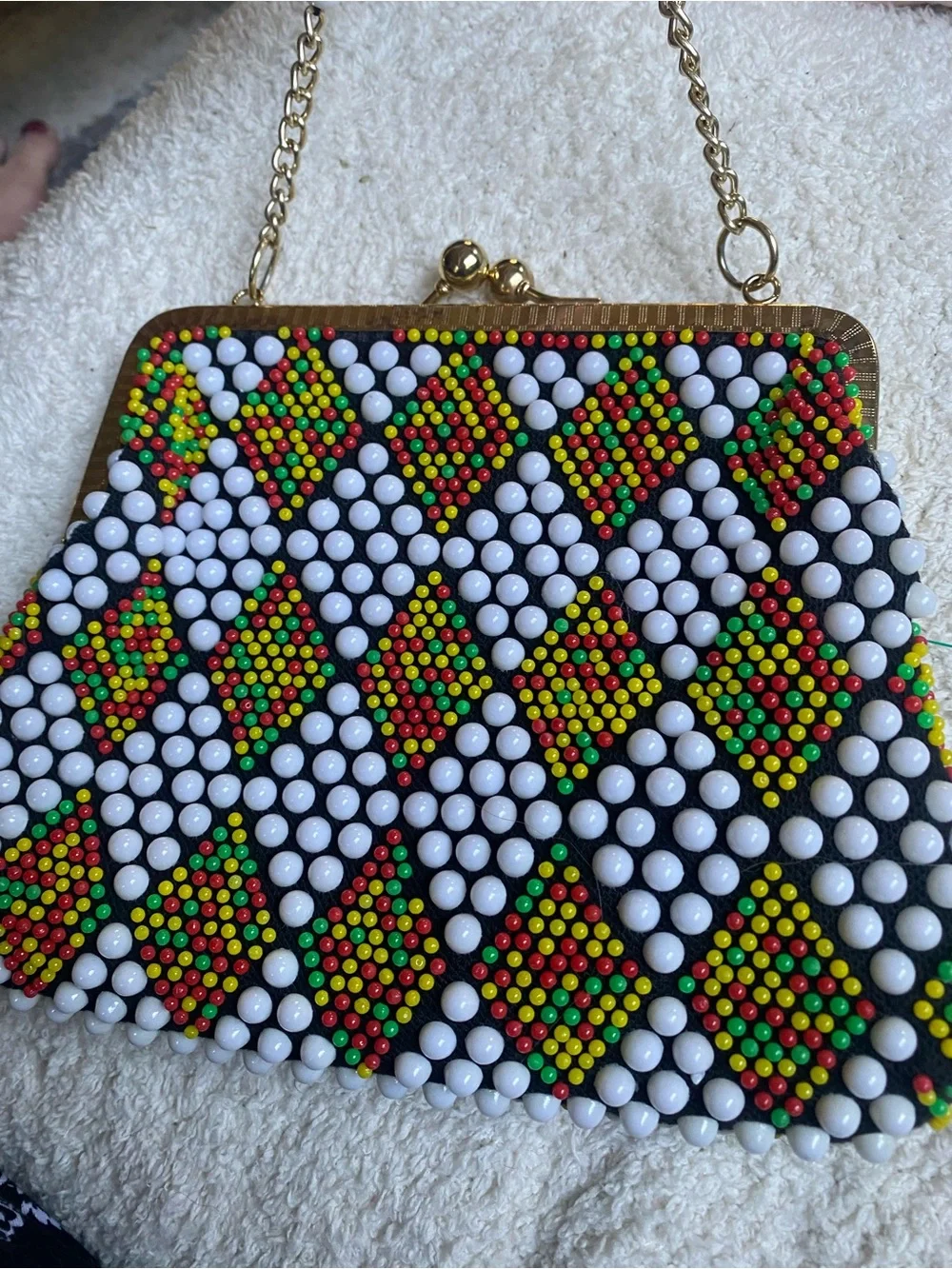 Vintage 1960’s Beaded Multicolor Diamond Pattern Top-Handle Bag
